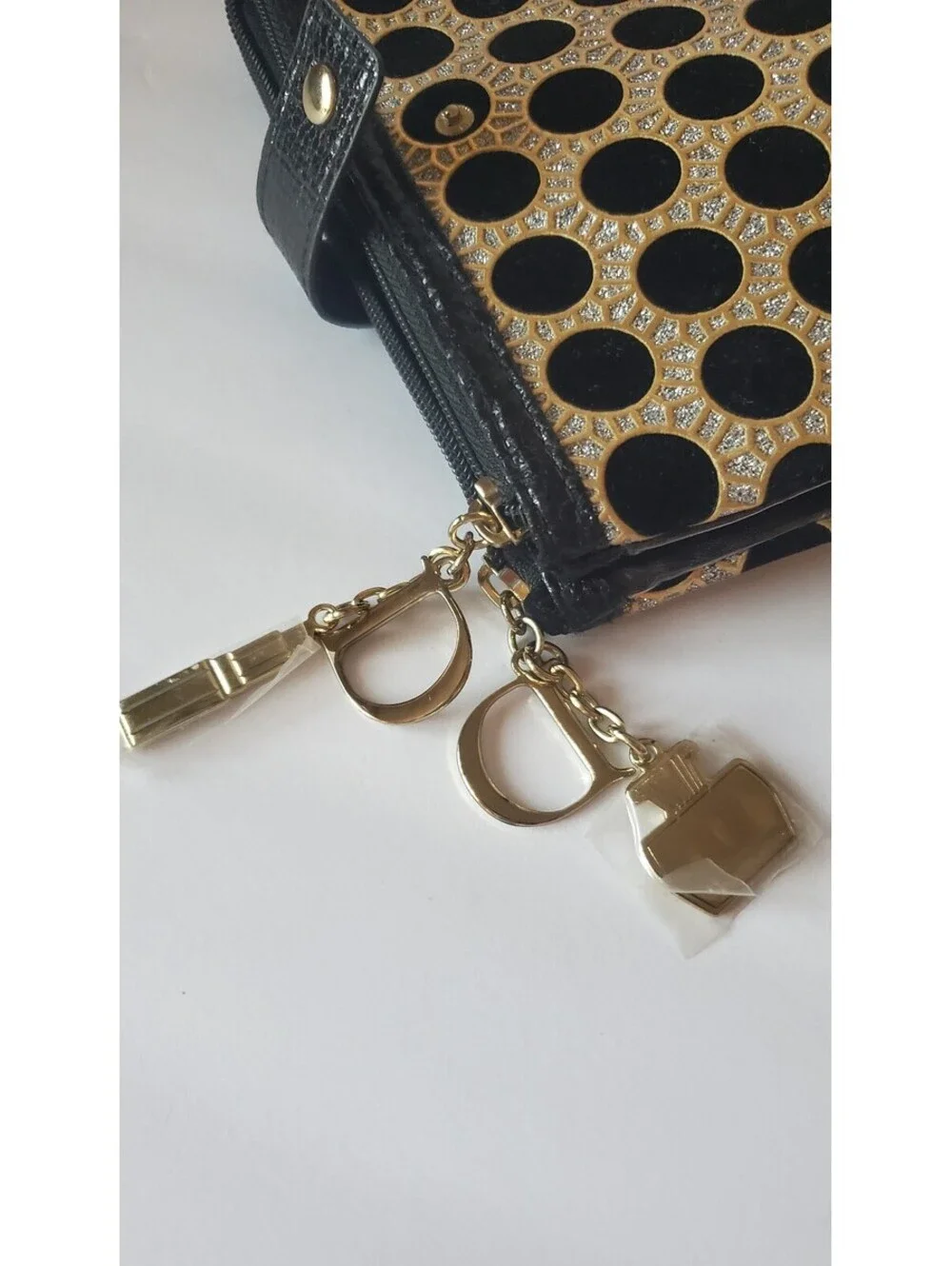 Dior Beauty Black & Gold Lattice Polka Dot Pouch Makeup Bag with Charms